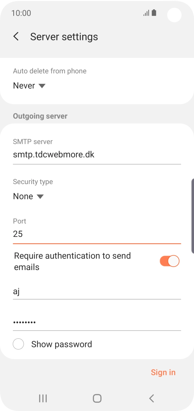 Press the indicator next to 'Require authentication to send emails' to turn on the function. Press the indicator next to 'Require authentication to send emails' to turn on the function.