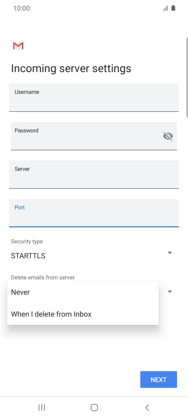 Press Never to keep emails on the server when you delete them on your phone.