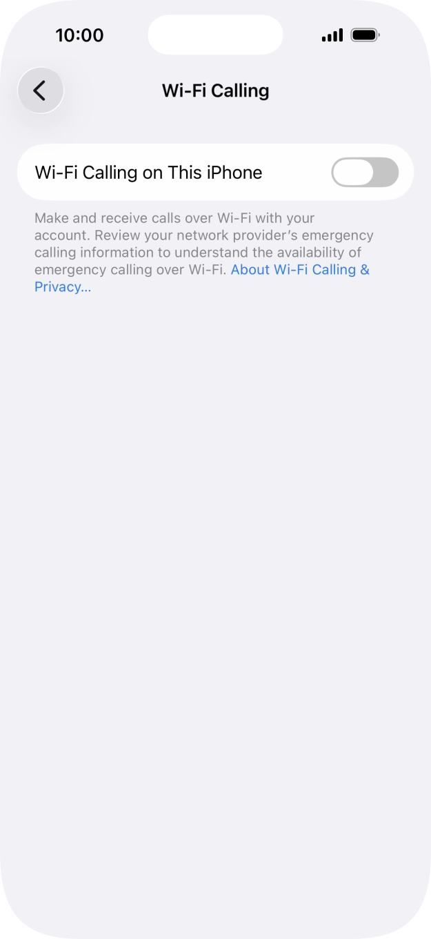 Press the indicator next to 'Wi-Fi Calling on This iPhone' to turn the function on or off. Press the indicator next to 'Wi-Fi Calling on This iPhone' to turn the function on or off.
