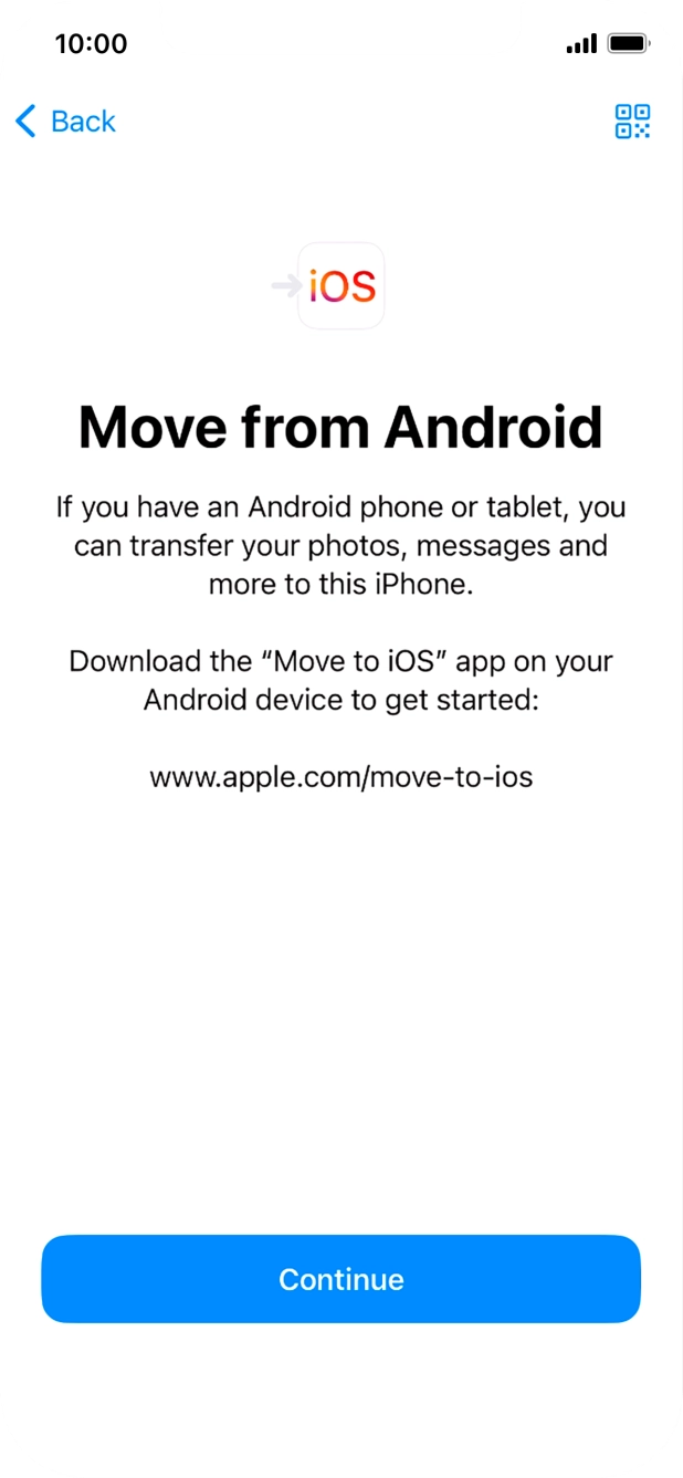 To transfer content to your phone, you need to install the app 'Move to iOS' on the Android phone. When the app is installed, press Continue.