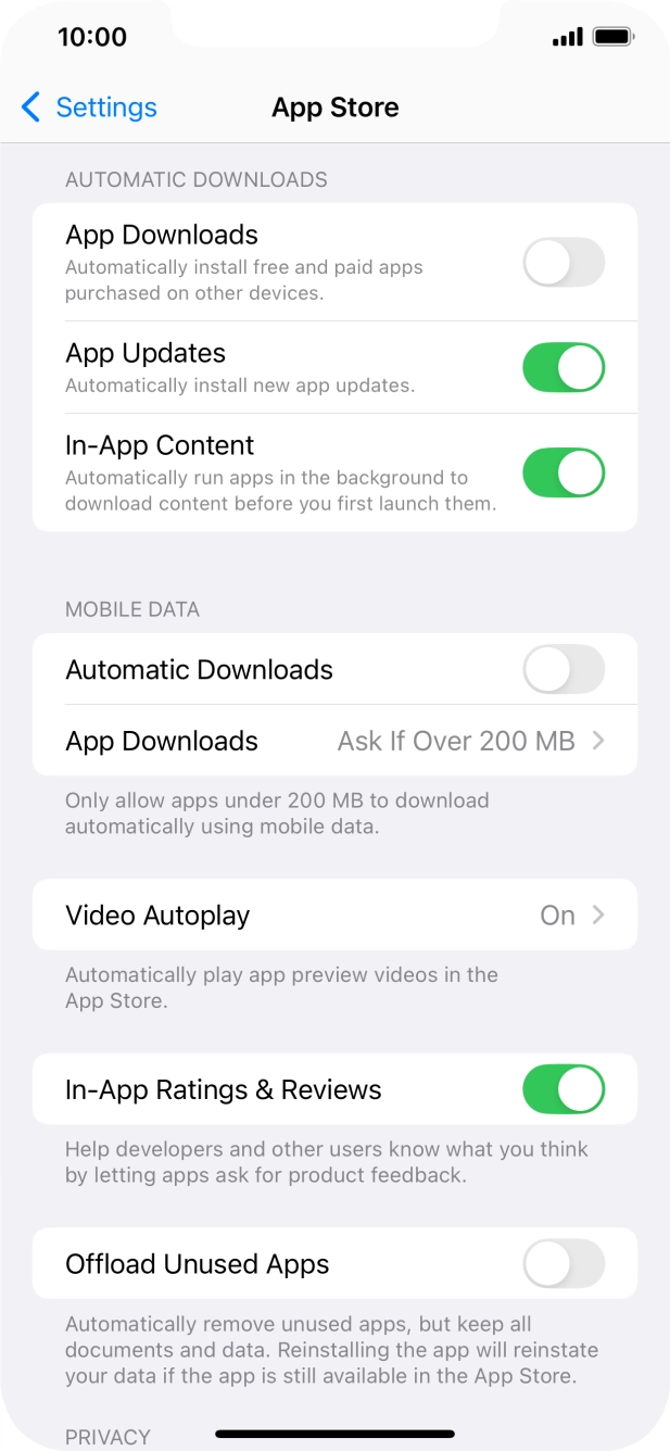 Press the indicator next to 'App Downloads' to turn the function on or off. Press the indicator next to 'App Downloads' to turn the function on or off.