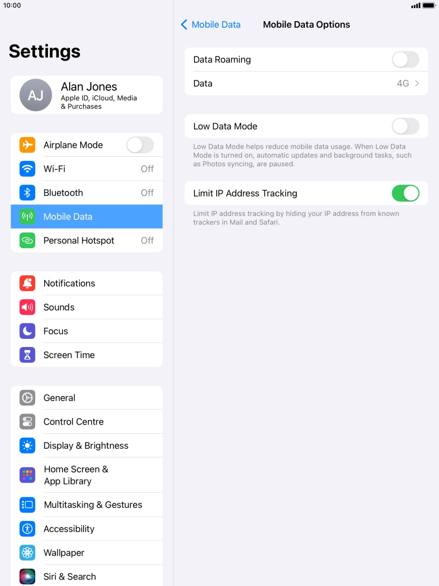Press the indicator next to 'Low Data Mode' to turn the function on or off.