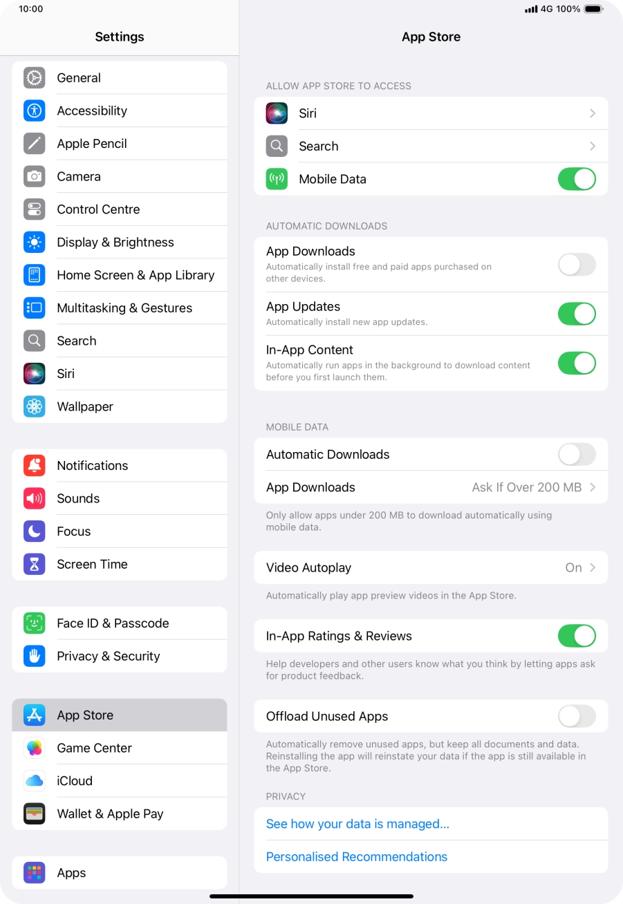 Press the indicator next to 'Offload Unused Apps' to turn the function on or off.