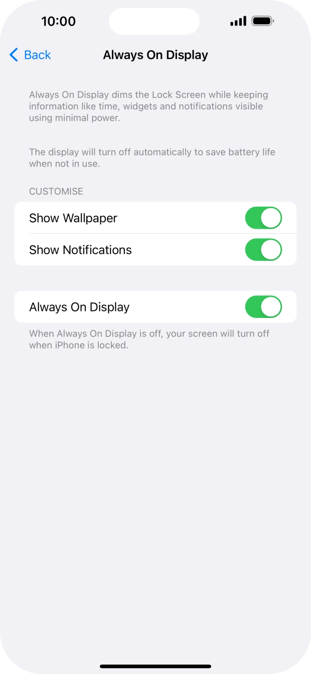 Press the indicator next to 'Always On Display' to turn the function on or off. Press the indicator next to 'Always On Display' to turn the function on or off.