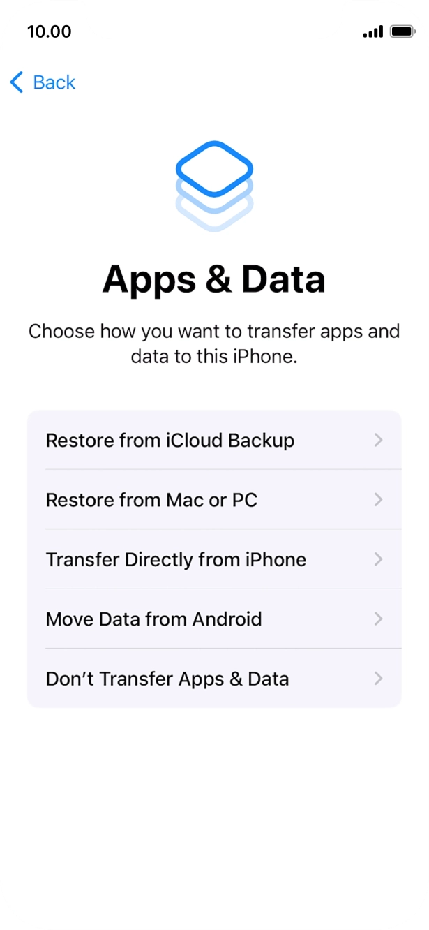 Press Don't Transfer Apps & Data and follow the instructions on the screen to finish the activation. Press Don't Transfer Apps & Data and follow the instructions on the screen to finish the activation.