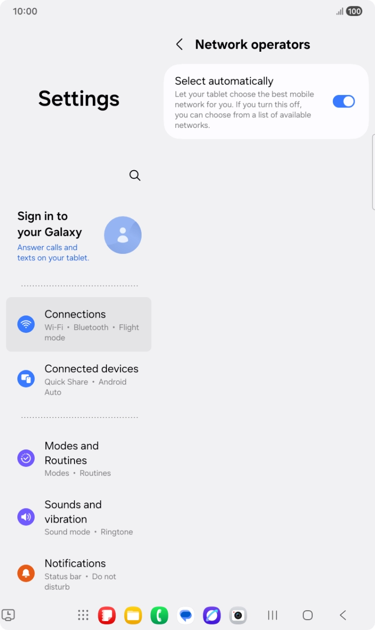 Press the indicator next to 'Select automatically' to turn off the function and wait while your tablet searches for networks. Press the indicator next to 'Select automatically' to turn off the function and wait while your tablet searches for networks.