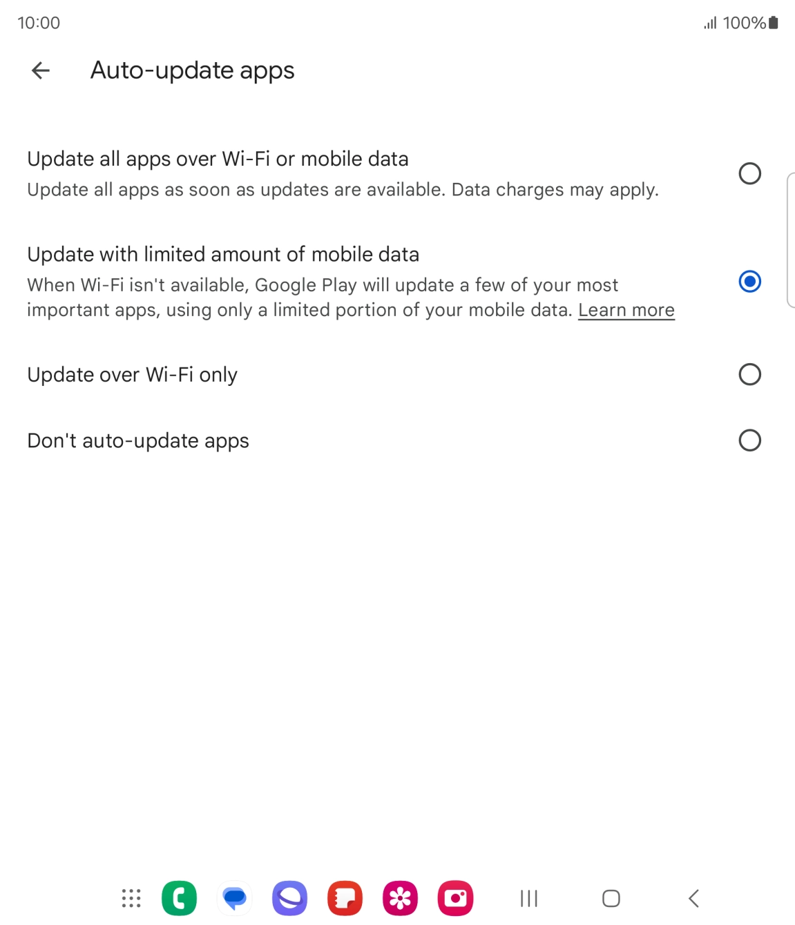 To turn on automatic update of apps using mobile network, press Update all apps over Wi-Fi or mobile data.