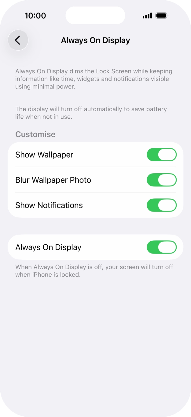 Press the indicator next to 'Always On Display' to turn the function on or off. Press the indicator next to 'Always On Display' to turn the function on or off.