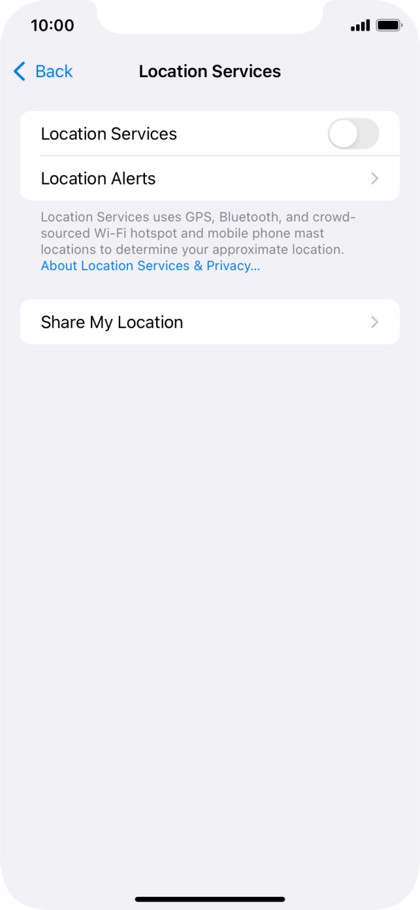 Press the indicator next to 'Location Services' to turn the function on or off. Press the indicator next to 'Location Services' to turn the function on or off.