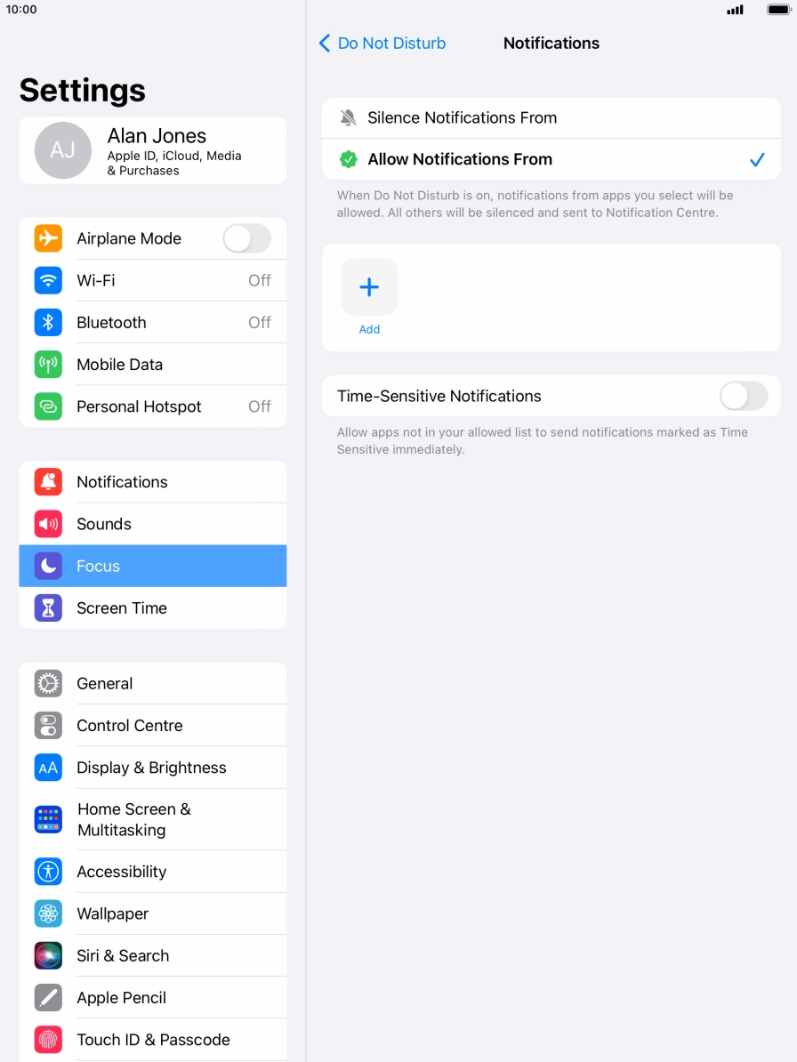 Press the indicator next to 'Time-Sensitive Notifications' to turn display of timed notifications on or off when Do Not Disturb is turned on. Press the indicator next to 'Time-Sensitive Notifications' to turn display of timed notifications on or off when Do Not Disturb is turned on.