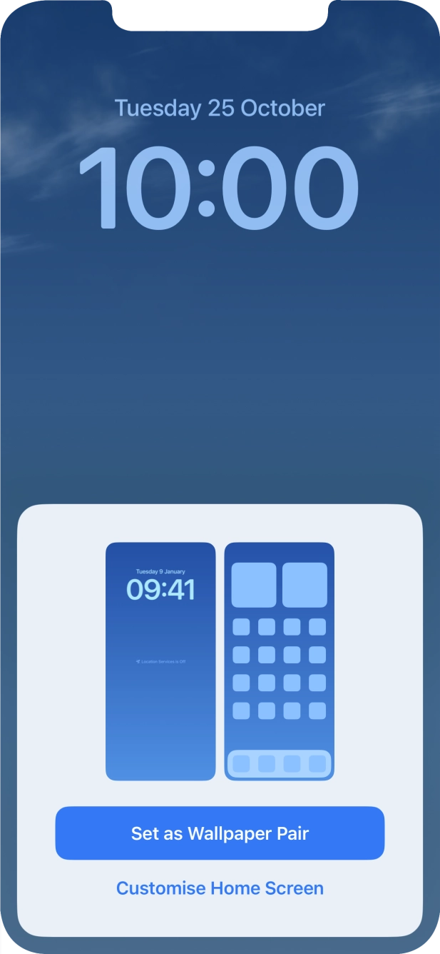 To use the same colour theme on the home screen, press Set as Wallpaper Pair. To use the same colour theme on the home screen, press Set as Wallpaper Pair.