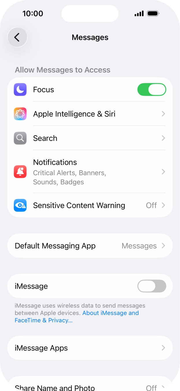 Press the indicator next to 'iMessage' to turn on the function. Press the indicator next to 'iMessage' to turn on the function.