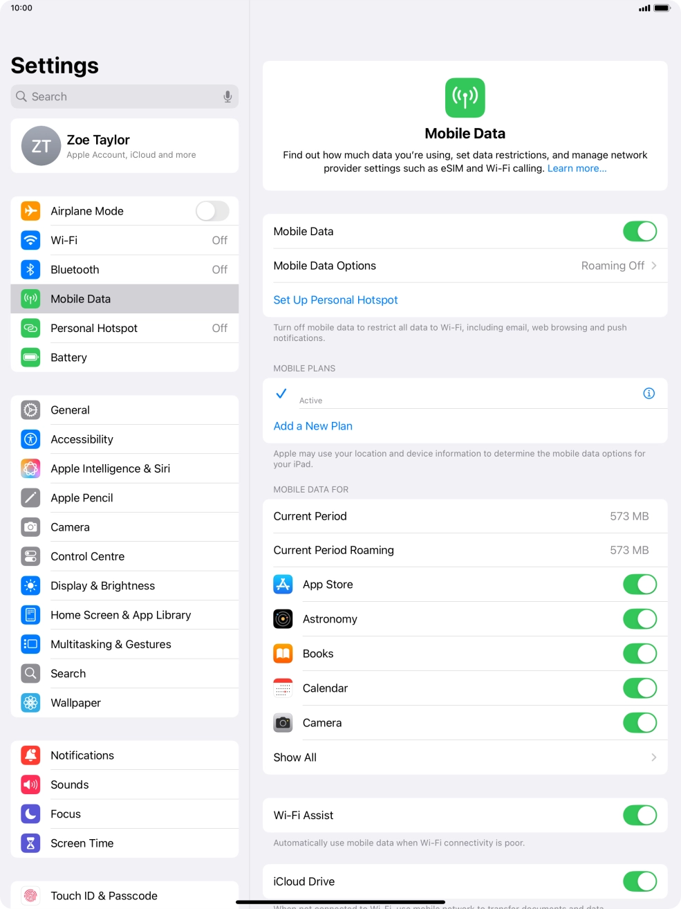 Press the indicator next to 'Mobile Data' to turn the function on or off. Press the indicator next to 'Mobile Data' to turn the function on or off.