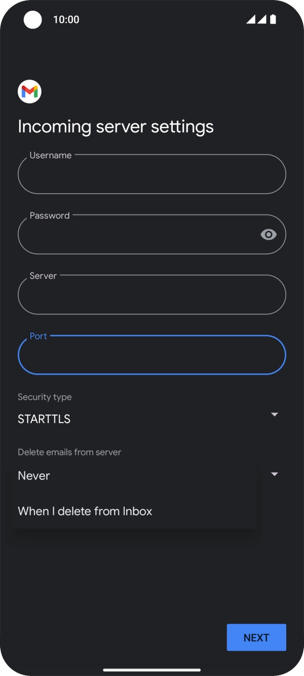 Press Never to keep emails on the server when you delete them on your phone.