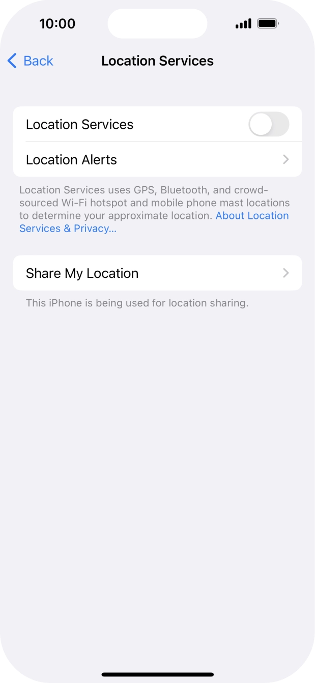 Press the indicator next to 'Location Services' to turn the function on or off.