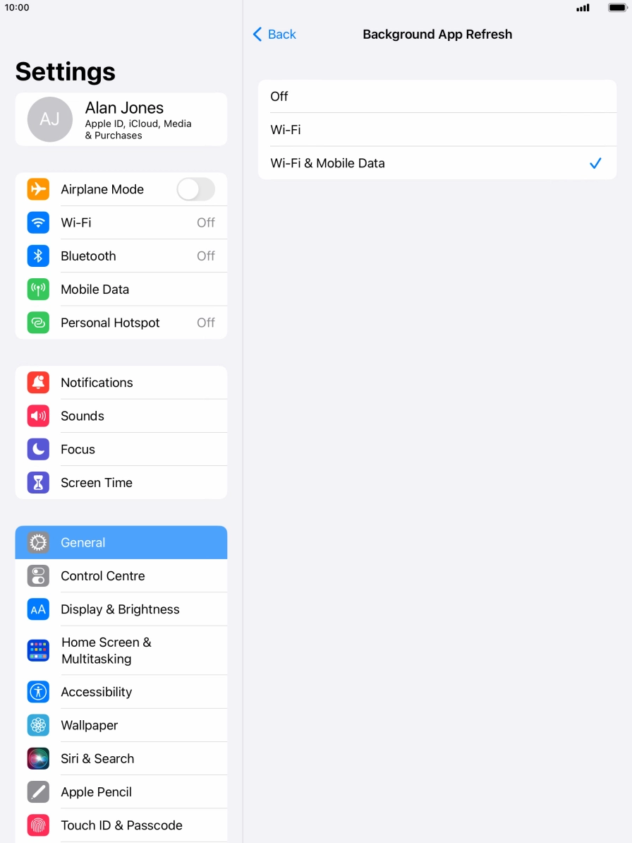 To turn off background refresh of apps, press Off. To turn off background refresh of apps, press Off.
