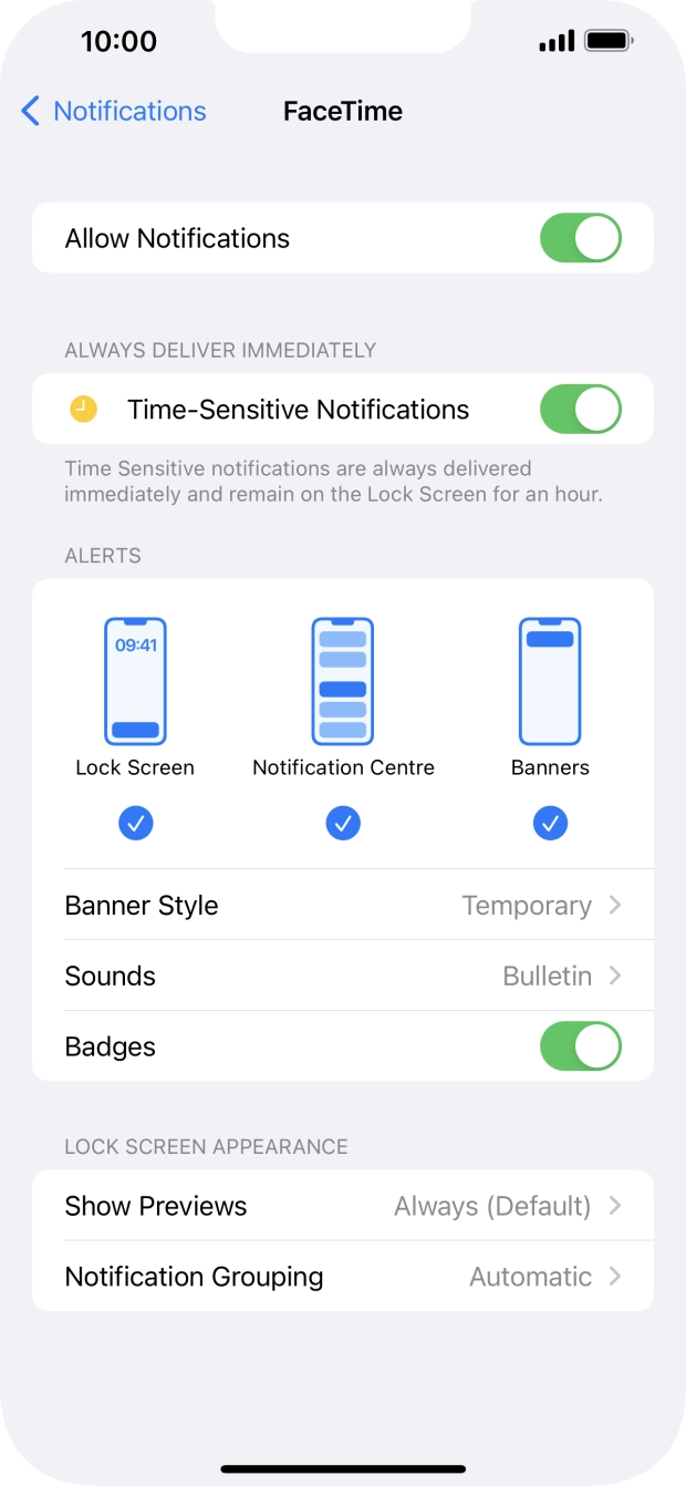 Press the indicator next to 'Allow Notifications' to turn notifications for the selected application on or off.