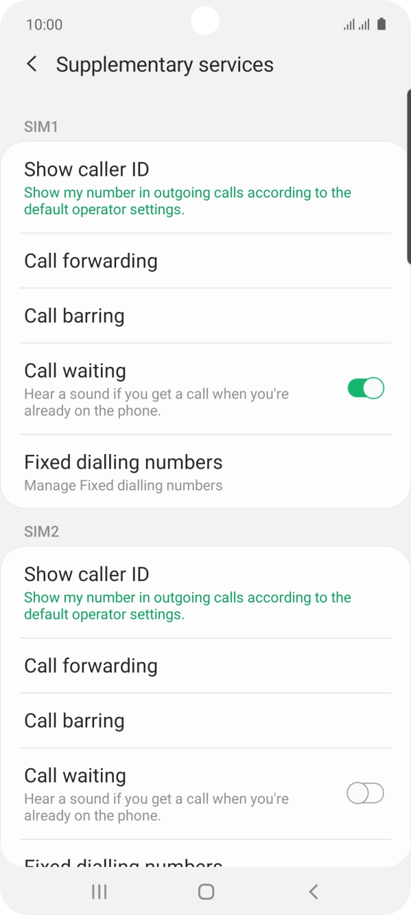 Press the indicator next to 'Call waiting' below the required SIM to turn the function on or off.