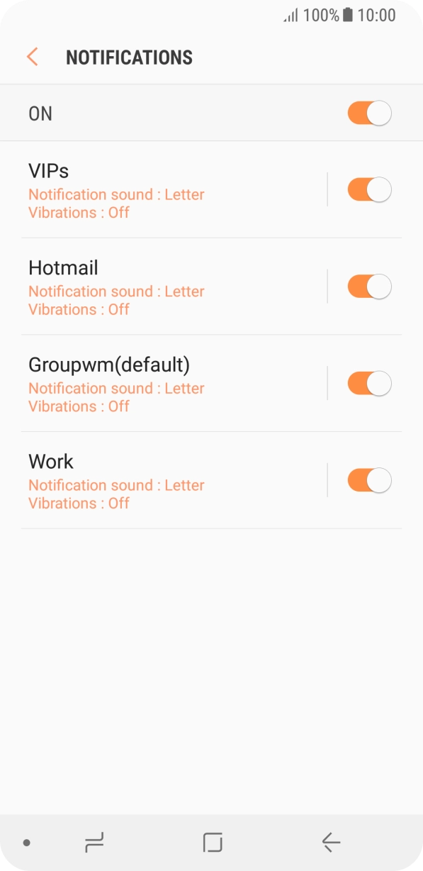 Press the indicator next to the required email account to turn the function on or off. Press the indicator next to the required email account to turn the function on or off.