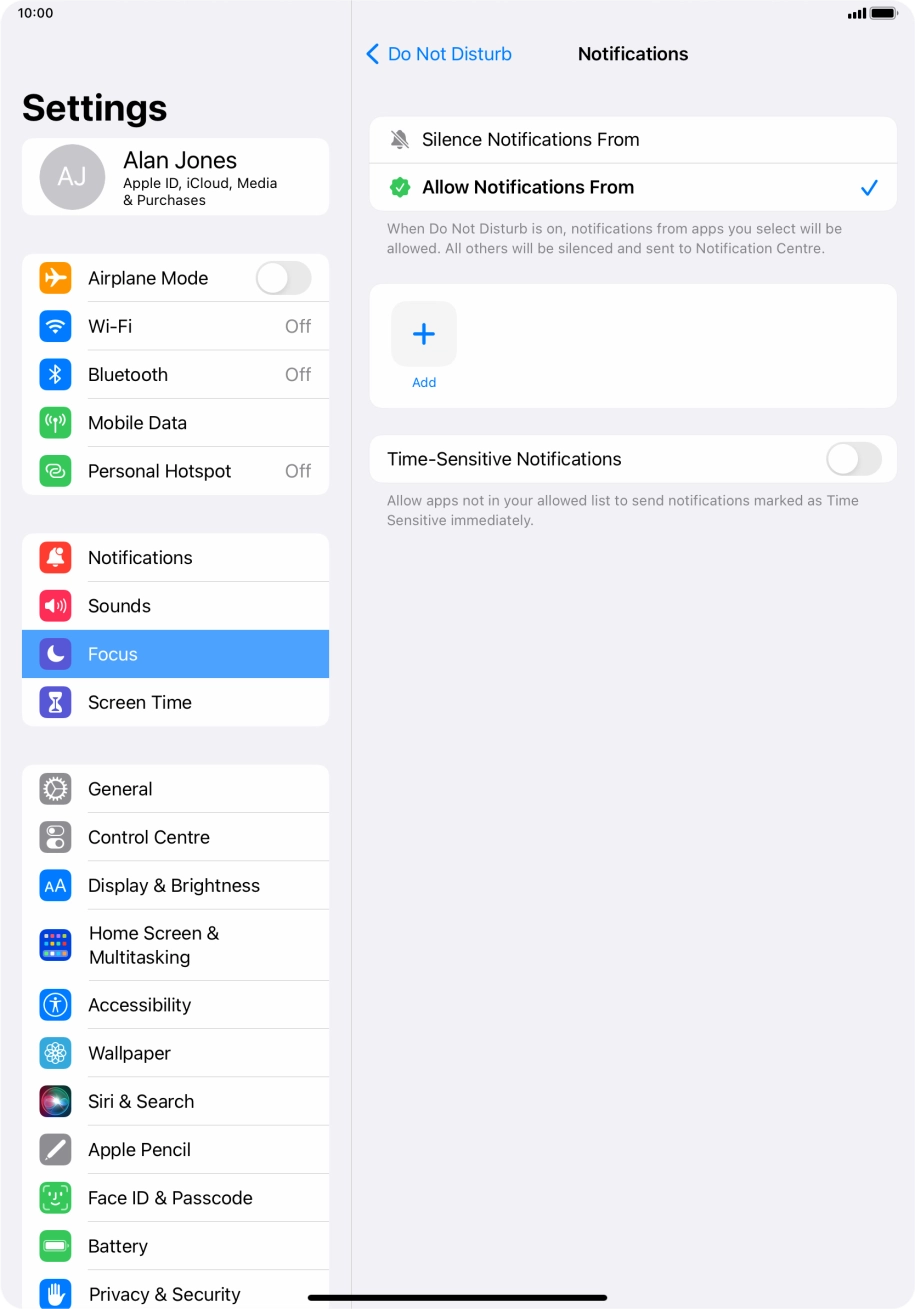 Press the indicator next to 'Time-Sensitive Notifications' to turn display of timed notifications on or off when Do Not Disturb is turned on. Press the indicator next to 'Time-Sensitive Notifications' to turn display of timed notifications on or off when Do Not Disturb is turned on.
