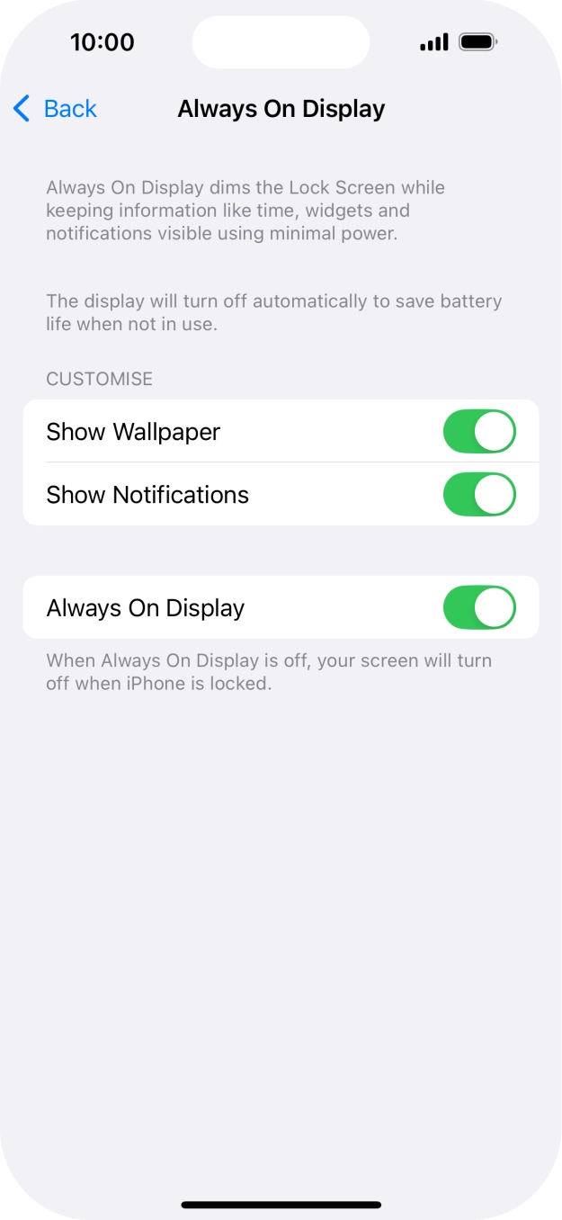 Press the indicator next to 'Always On Display' to turn the function on or off. Press the indicator next to 'Always On Display' to turn the function on or off.