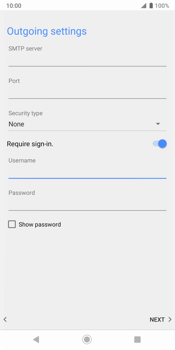 Press the field below 'Password' and key in the password of your email provider's outgoing server. Press the field below 'Password' and key in the password of your email provider's outgoing server.