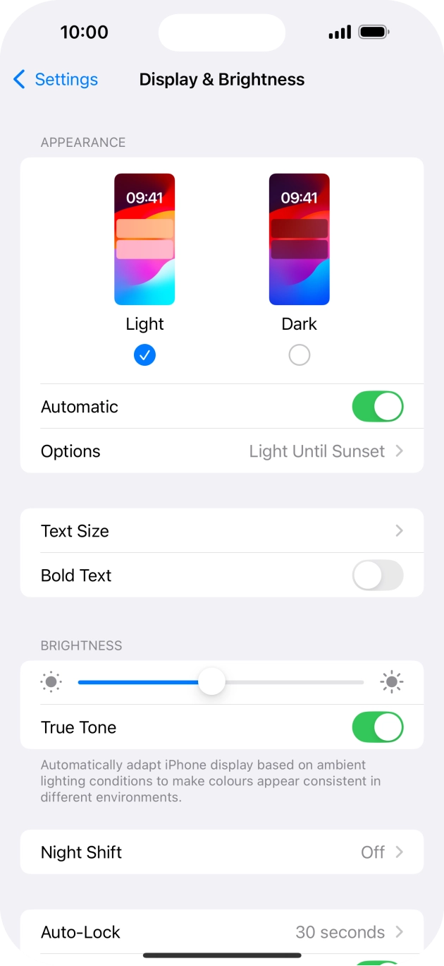 If you turn on the function, press Options and follow the instructions on the screen to select the required period of time for Dark Mode. If you turn on the function, press Options and follow the instructions on the screen to select the required period of time for Dark Mode.