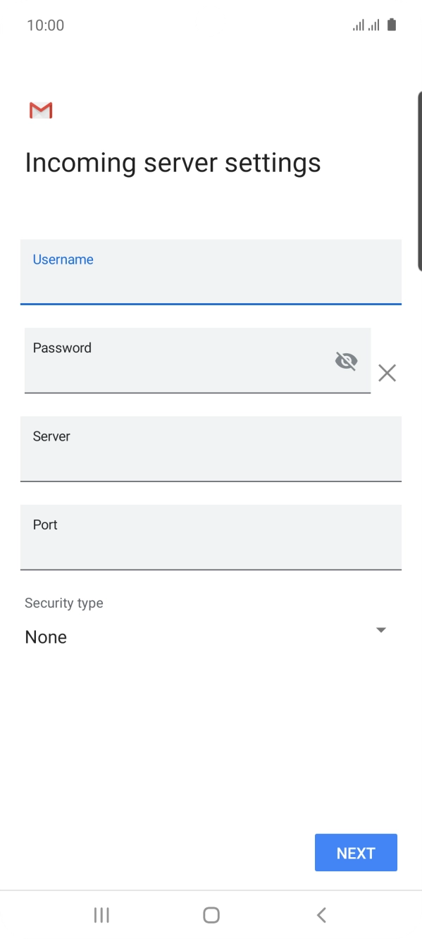 Press the field below 'Server' and key in the name of your email provider's incoming server. Press the field below 'Server' and key in the name of your email provider's incoming server.
