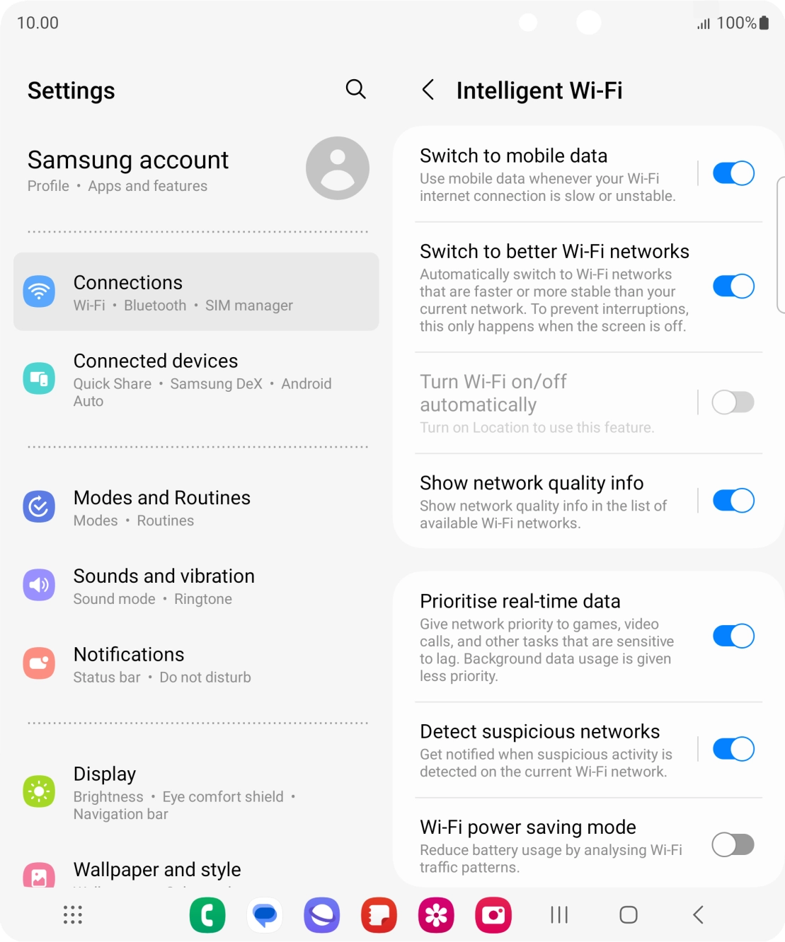 Press the indicator next to 'Switch to mobile data' to turn the function on or off. Press the indicator next to 'Switch to mobile data' to turn the function on or off.