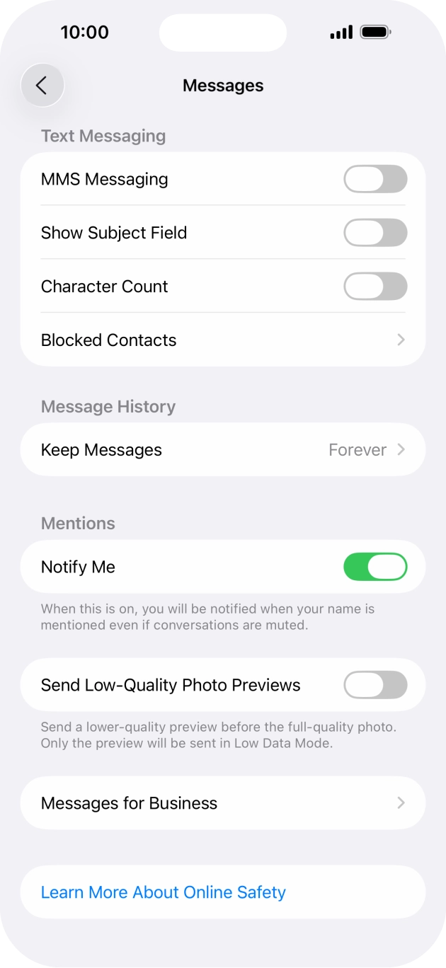 Press the indicator next to 'MMS Messaging' to turn on the function. Press the indicator next to 'MMS Messaging' to turn on the function.