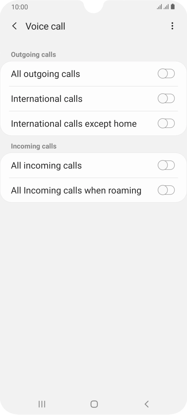 Press the indicator next to the required barring type to turn the function on or off. Press the indicator next to the required barring type to turn the function on or off.