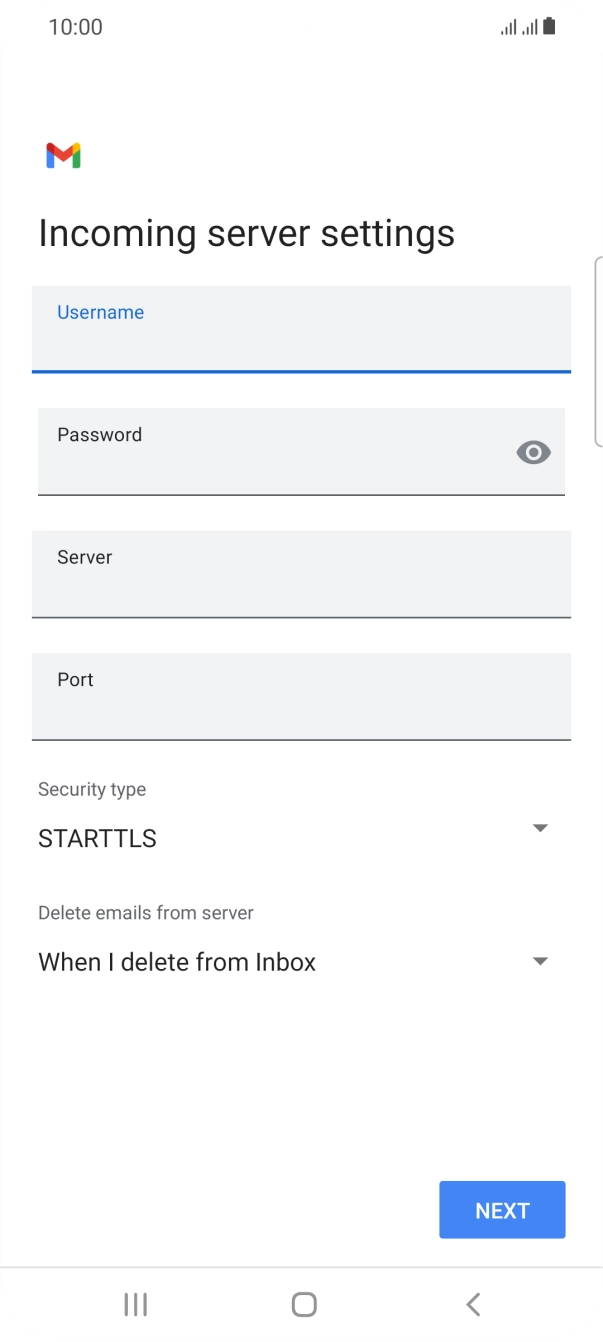 Press the field below 'Server' and key in the name of your email provider's incoming server. Press the field below 'Server' and key in the name of your email provider's incoming server.