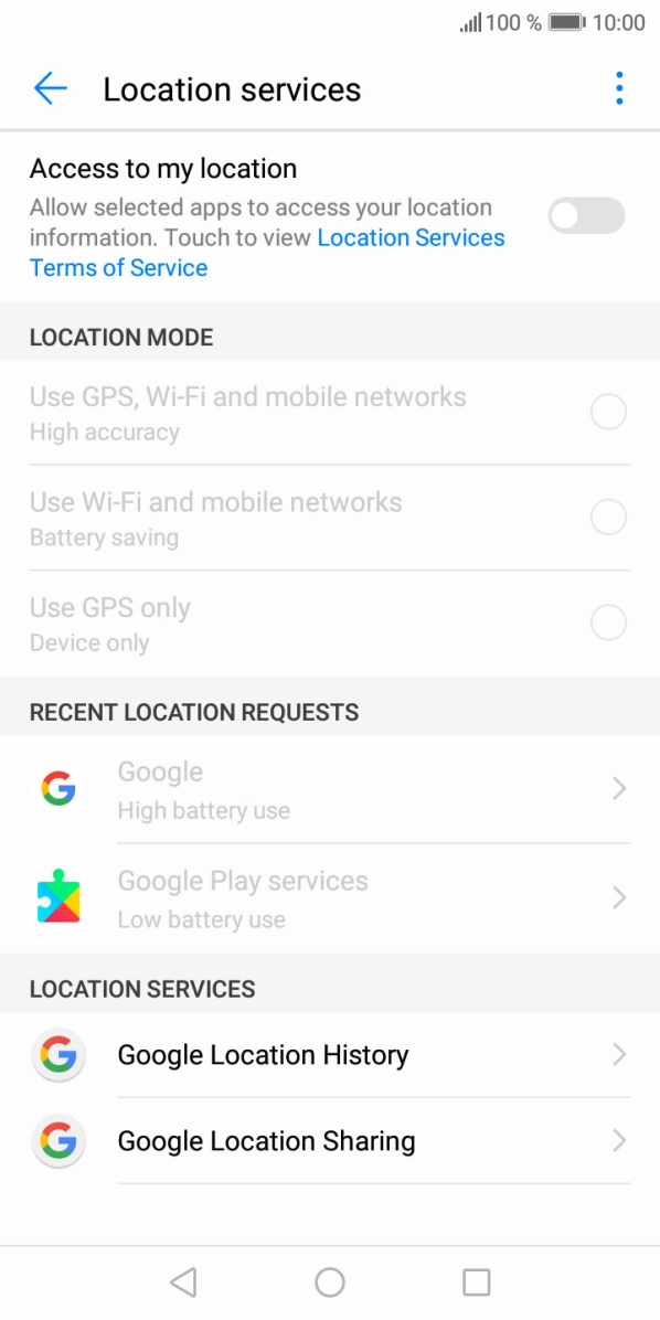 Press the indicator next to 'Access to my location' to turn the function on or off. Press the indicator next to 'Access to my location' to turn the function on or off.