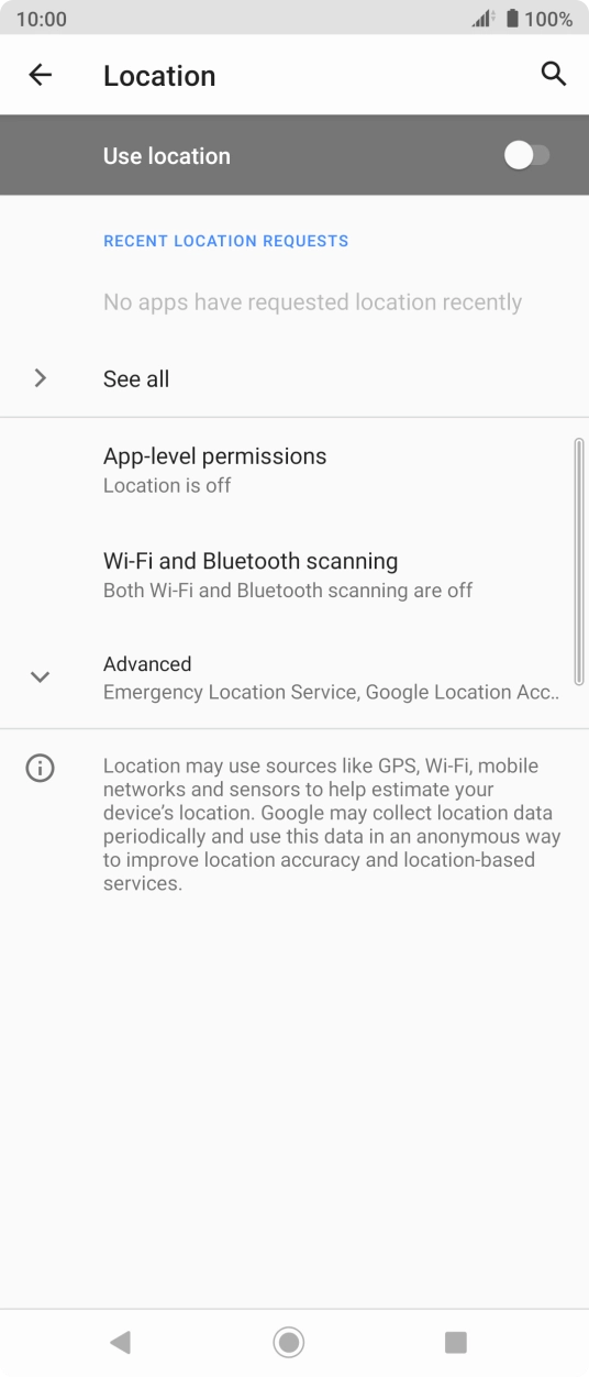 Press the indicator next to 'Use location' to turn the function on or off. Press the indicator next to 'Use location' to turn the function on or off.