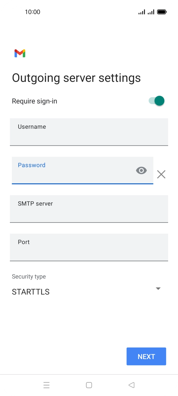 Press the field below 'SMTP server' and key in the name of your email provider's outgoing server. Press the field below 'SMTP server' and key in the name of your email provider's outgoing server.