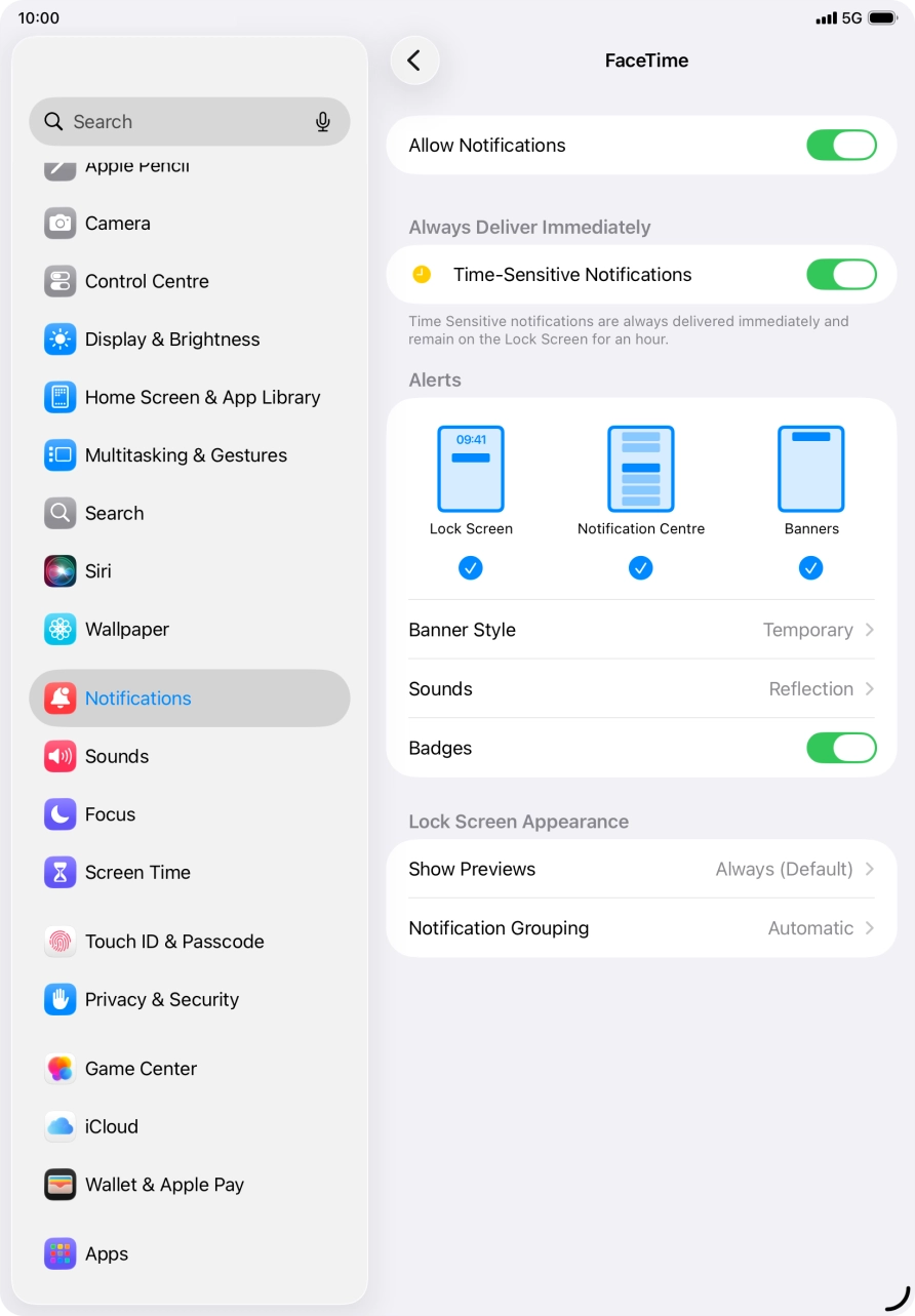 Press the indicator next to 'Allow Notifications' to turn notifications for the selected application on or off. Press the indicator next to 'Allow Notifications' to turn notifications for the selected application on or off.