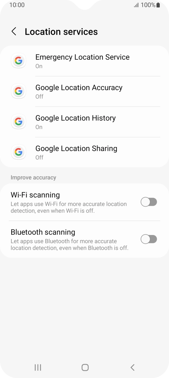 Press Google Location Accuracy. Press Google Location Accuracy.