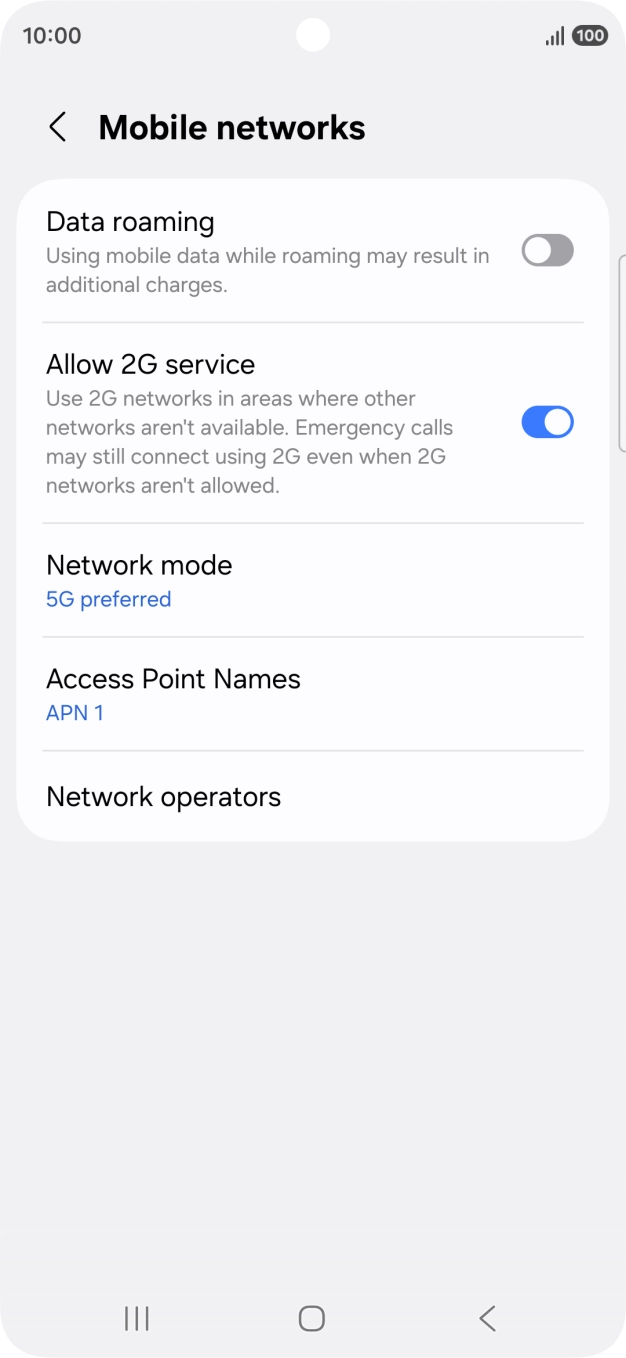 Press the indicator next to 'Data roaming' to turn the function on or off. Press the indicator next to 'Data roaming' to turn the function on or off.