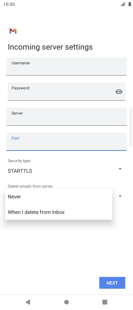 Press Never to keep emails on the server when you delete them on your phone.