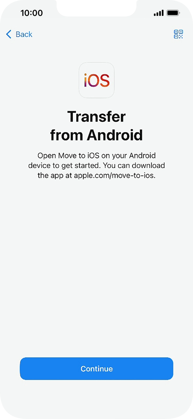 To transfer content to your phone, you need to install the app 'Move to iOS' on the Android phone. When the app is installed, press Continue.