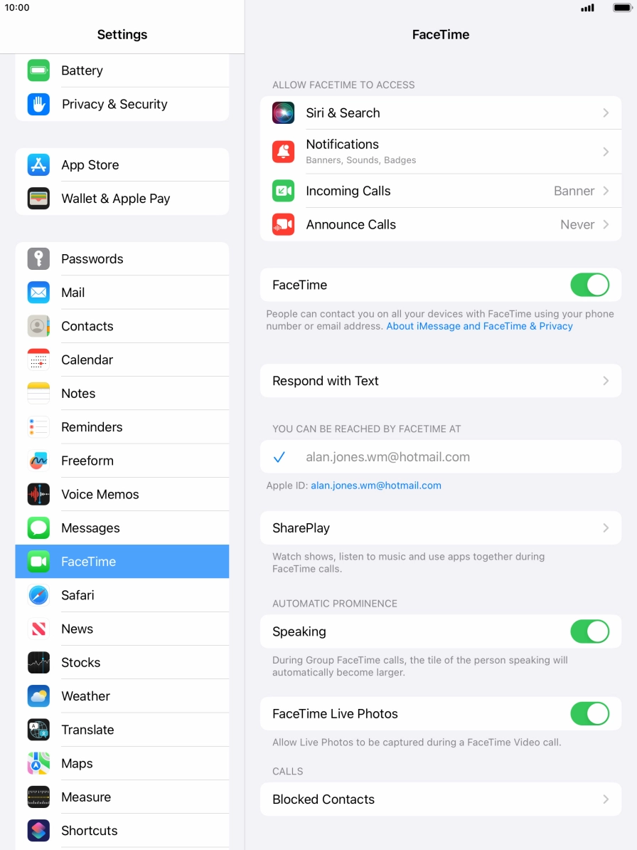 Press the indicator next to 'FaceTime' to turn the function on or off. Press the indicator next to 'FaceTime' to turn the function on or off.