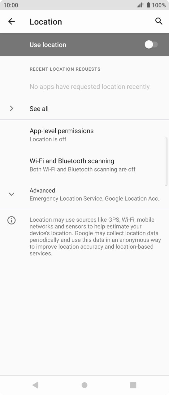 Press the indicator next to 'Use location' to turn the function on or off. Press the indicator next to 'Use location' to turn the function on or off.