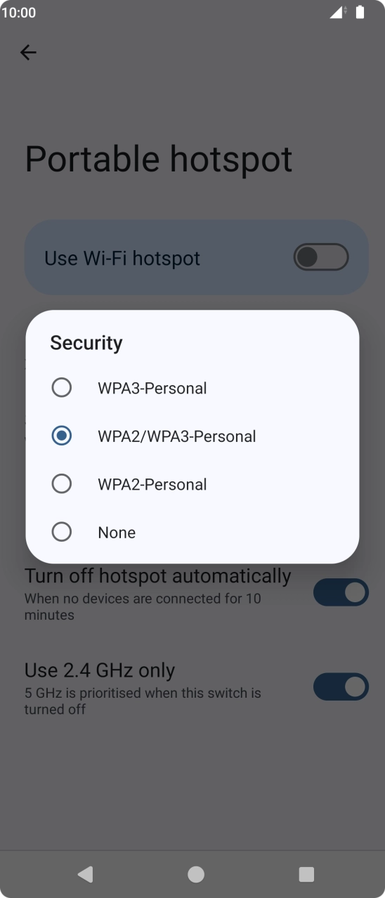 Press WPA3-Personal to password protect your WiFi hotspot. Press WPA3-Personal to password protect your WiFi hotspot.