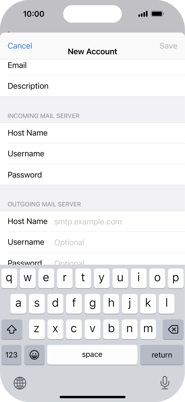 Press Host Name and key in the name of your email provider's outgoing server. Press Host Name and key in the name of your email provider's outgoing server.