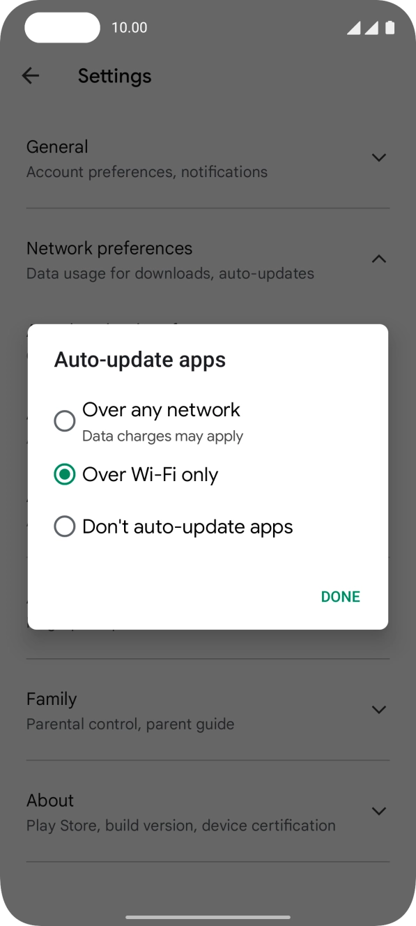 To turn on automatic update of apps using mobile network, press Over any network.