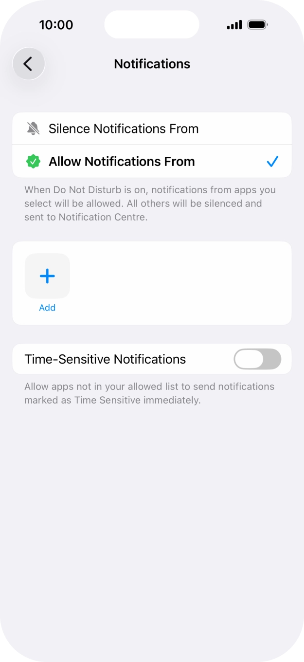 Press the indicator next to 'Time-Sensitive Notifications' to turn display of timed notifications on or off when Do Not Disturb is turned on. Press the indicator next to 'Time-Sensitive Notifications' to turn display of timed notifications on or off when Do Not Disturb is turned on.