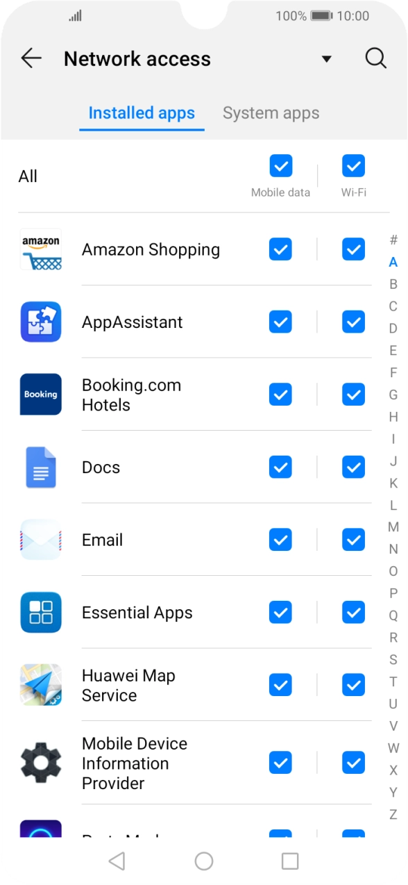 Press the field next to the application name in the 'Mobile data' column to turn the function on or off. Press the field next to the application name in the 'Mobile data' column to turn the function on or off.