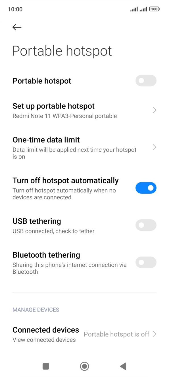 Press the indicator next to 'Portable hotspot' to turn on the function. Press the indicator next to 'Portable hotspot' to turn on the function.