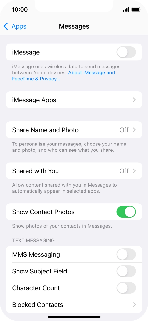 Press the indicator next to 'iMessage' to turn on the function.