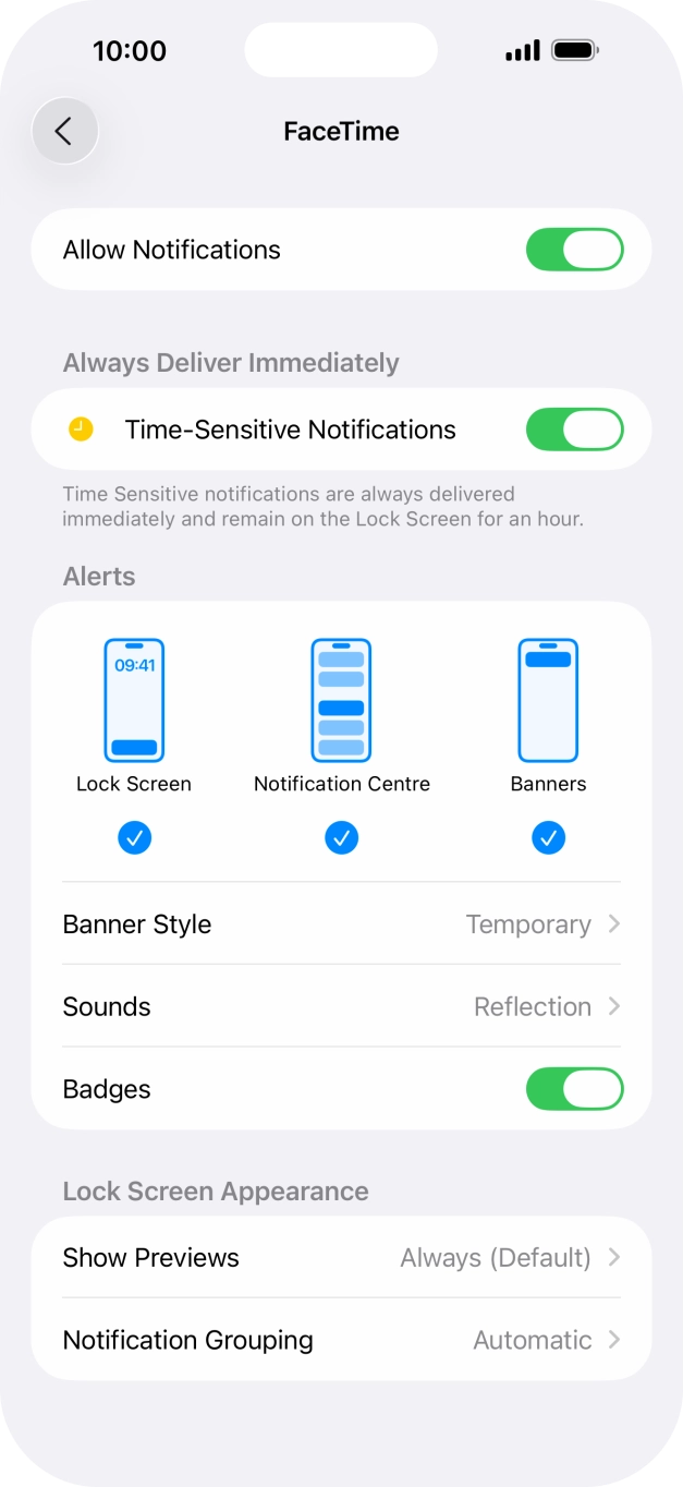 Press the indicator next to 'Allow Notifications' to turn notifications for the selected application on or off. Press the indicator next to 'Allow Notifications' to turn notifications for the selected application on or off.